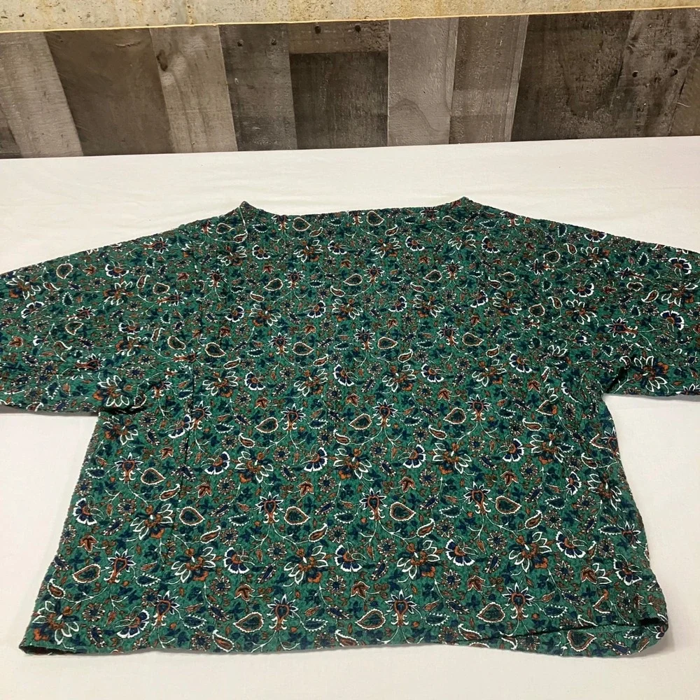 LOFT Women XL Green Floral Paisley Puff Sleeve Boat Neck Blouse Texture Top NWOT